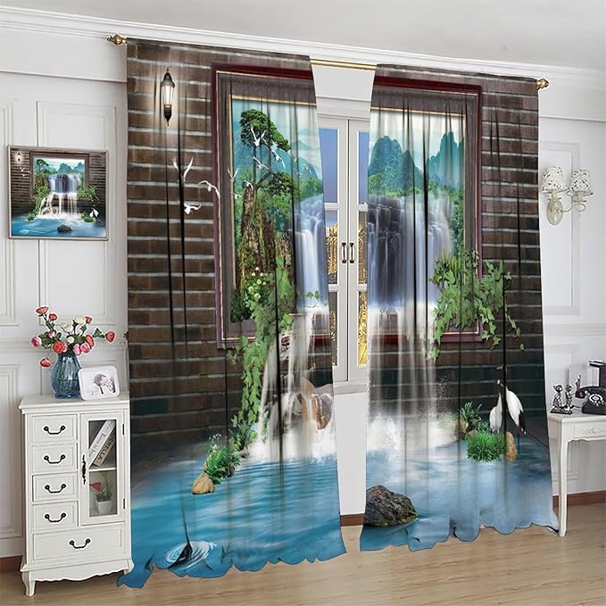 Waterfall Blackout Window Curtains, Tropical Rainforest Jungle Plants Forest Wild Nature Landscape Window Drapes, for Living Room Bedroom 84x84in