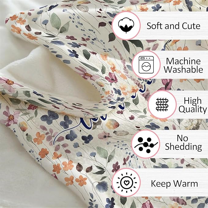 Ship Next Day, Personalized Baby Blanket for Girls, Custom Baby Girl Blanket with Name Retro Flowers, Newborn Receiving Swaddle Blankets, Customized Babies Shower Christmas Birthday Gifts