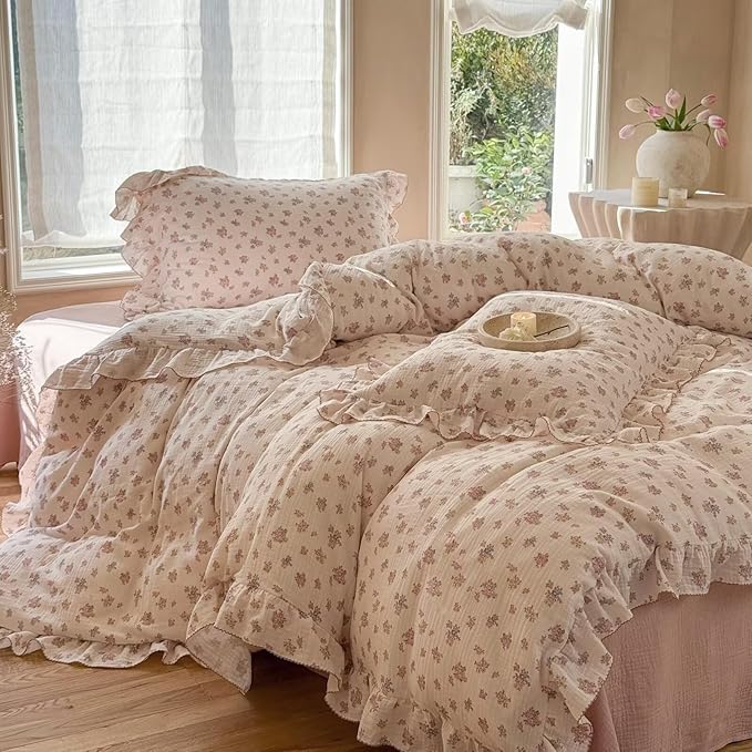 BuLuTu Cottage Floral Duvet Cover King, Ruffles Princess Comforter Cover 90"x104", Muslin Quilt Covers with Zipper, No Pillow Case, Soft Lightweight Gauze Bedding, Machine Washable