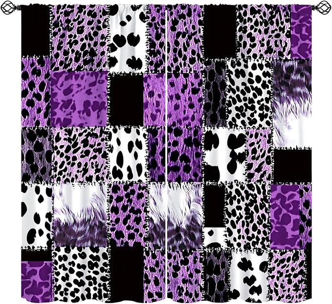 Brown Leopard Curtain, Purple Patchwork Cheetah Panthera Zebra Giraffe Print Safari Wildlife African Wild Animal Skin Window Curtains for Living Room Bedroom 42" W X 45" L