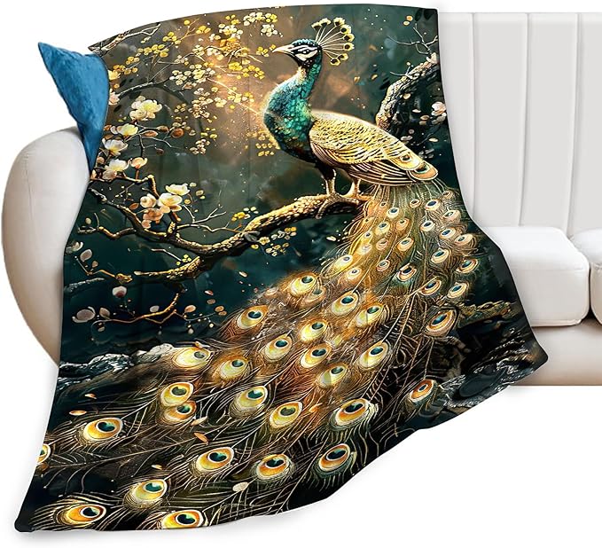 Peacock Blanket Gold Peacock Gifts for Girls Boys Woman Kids Lover Throw Blankets Soft Blanket Warm Fleece Flannel Plush Blankets for Bed Sofa Couch 50"x60"