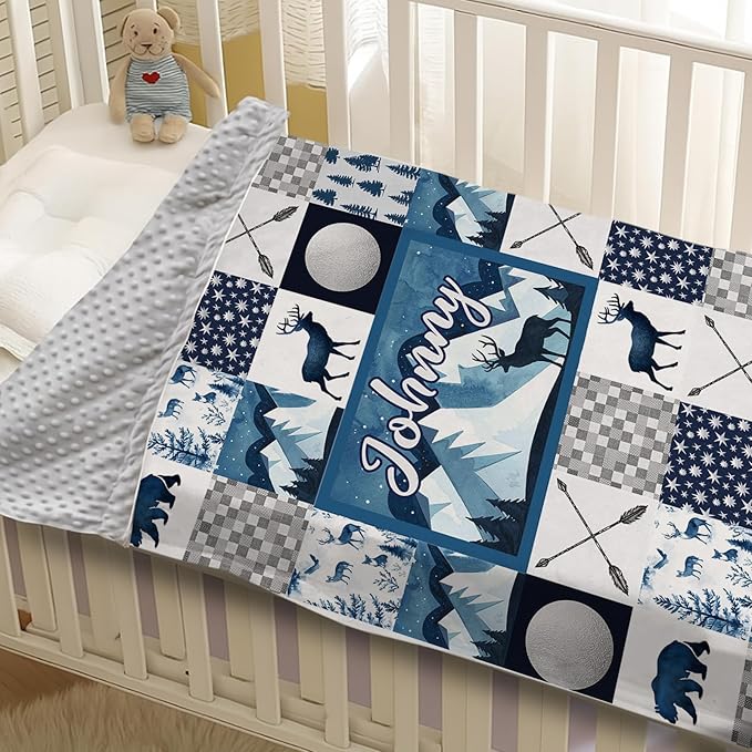 Personalized Baby Blankets for Girls Boys, Custom Blue Deer Baby Blanket with Name for Kids, Flannel Bed Throw Blanket for Newborn, Customized Gifts for Baby Shower Nursery Blanket(47" x60)
