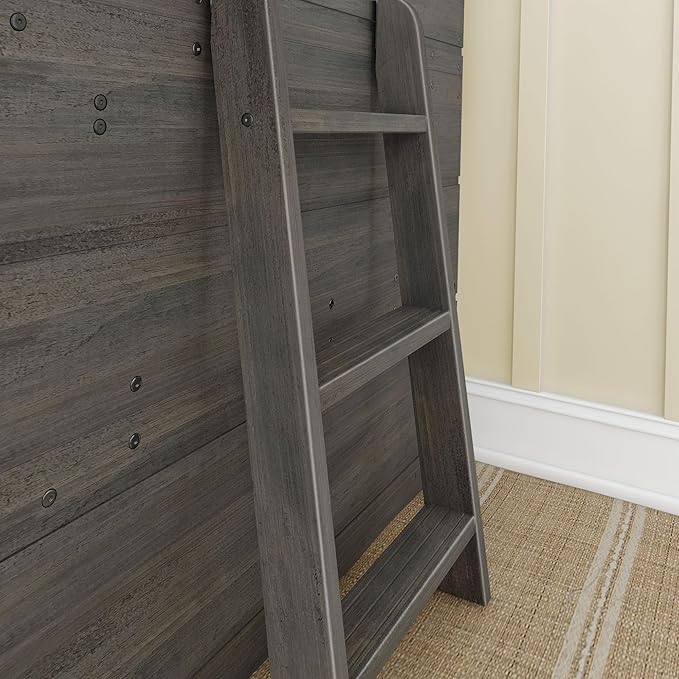 Max & Lily Modern Farmhouse Twin Low Loft Bed with Bookcase - Solid Wood, 15” Guardrails, 400-lb Capacity, Low-VOC Finish, Driftwood