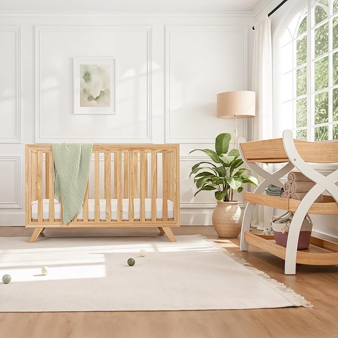 Comfy Cubs Baby Crib for 0 to 3 Years - Adjustable Mattress Height, Natural Wooden Crib for Baby, Elegant Nursery Furniture, Designed in The US - 80 lbs Capacity Nursery Bed - Natural Wood