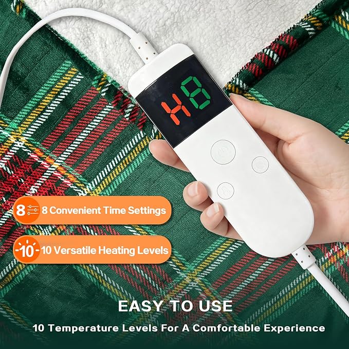 Electric Blanket Heated Throw, Soft Flannel 50"x60" Plaid Heating Blanket with 8 Hours Auto Off 10 Fast Heating Levels Machine Washable Sherpa Heated Blanket with Overheating Protection