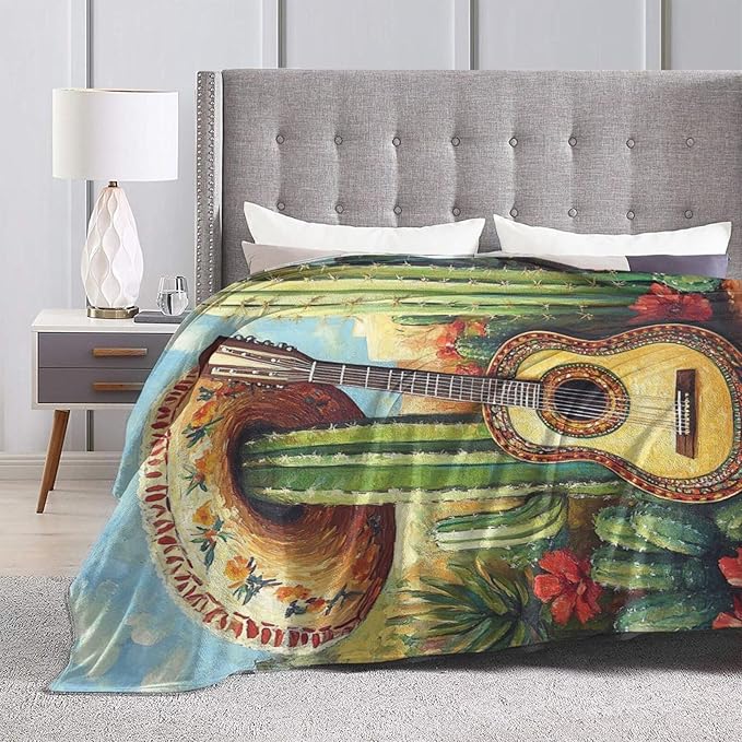 Western Guitar Blanket Cactus Decor Throw Blanket Super Soft Flannel Lightweight Fluffy Plush Cozy Fuzzy Fleece Cowboy Gifts Blanket for Kids Boys Adults Man for Bed Sofa 50"X60"