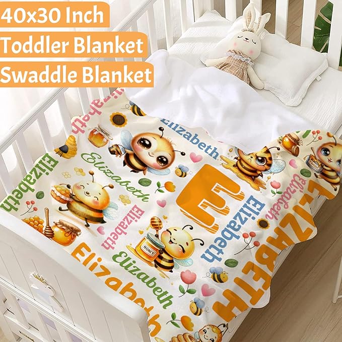 Personalized Custom Honey Bee Preschool Blanket Gifts for Baby Toddler Kids Boys Girls - Customized Honey Bee Super Soft Lightweight Flannel Sheets Decor for Crib Nap Couch - 30"x40" for Baby/Pets