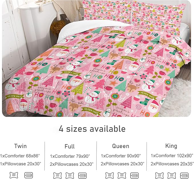 Pink Christmas Comforter Queen: Merry Xmas Santa Claus Bedding Set Queen Size for Teen Girls Women Adults Kids Christmas Tree Snowman Elk Quilt Bed Set 1 Comforter & 2 Pillowcases