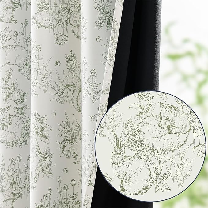jinchan 95% Blackout Nursery Curtains 84 Inches Long, Bunny Woodland Toile Curtains Sage Green on Beige Animal Printed Drapes Rod Pocket Thermal Insulated Bedroom Farmhouse Window Treatment 2 Panels