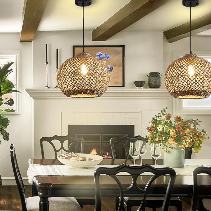 Rattan Pendant Light Fixture,13.77" Hand-Woven Water Plants Rattan Chandelier Boho Wicker Coastal Retro Ceiling Chandelier Lighting, Kitchen Island Farmhouse Dining Room Entryway Foyer1-Light
