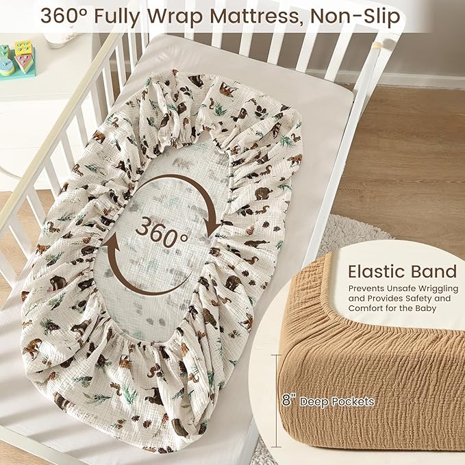 david's kids Muslin Crib Sheets for Boys, 2 Pack 100% Cotton Soft Breathable Fitted Baby Sheet Set, Standard 52"x28" Crib and Toddler Mattress, Woodland Animal