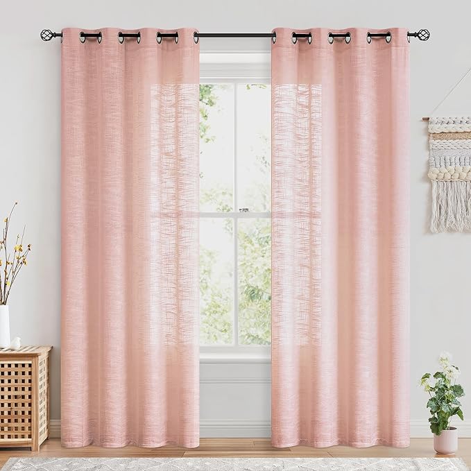 FMFUNCTEX Linen Semi Sheer Curtains for Living Room, Blush Pink Curtains 108 Inches Long for Bedroom, Farmhouse Sheer Extra Long Drapes, Light Filtering Windows Curtain Panels, Grommet Top 2 Panels