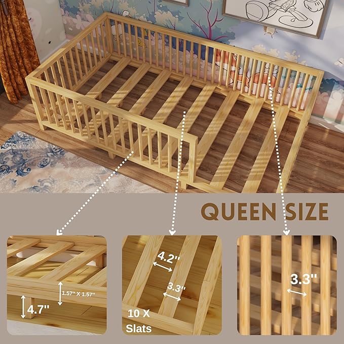 Montessori Floor Bed with Slats for Toddler 60'' x 80'' Queen Size | Pine Wood Natural Solid Frame Bed | Sturdy Design Floor Bed Frame for Boy and Girls (Queen, Height : 23.6 Inches)