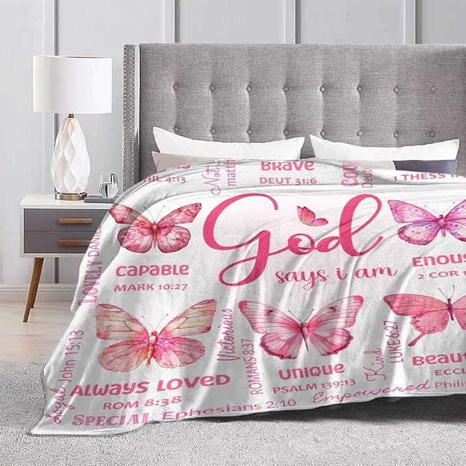 Christian Blanket, Butterfly Throw Blanket for Women Mom Girl,Catholic Gifts,Inspirational Faith Prayer Quilt with Bible Verse Scripture,Soft Flannel, Pink, 40" x 50"