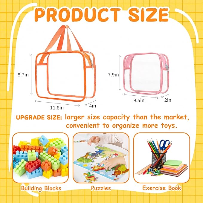 9 Pcs Toy Storage Bags, Clear PVC Toy Organizer Bag Include 6Pcs Large Handheld and 3Pcs Medium Zipper Bags with Labels for Organizing Board Game, Building Blocks (Colorful)