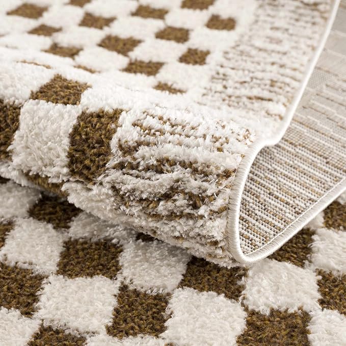 Hauteloom Leryn Living Room, Bedroom Area Rug - Checkered - High Pile - Bone - 5'3" x 7'