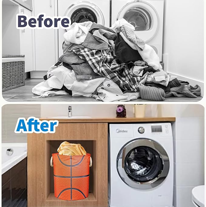 Basketball Laundry Basket Gifts for Boys, Boys' Room Decor Kids Nursery Hamper for Sports Room Basketball Decor 17.7x13.7 Inch
