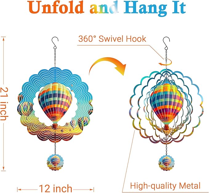 J-Fly Hanging Decor Outdoor,Outdoor Garden Decor,Wind Spinners Outdoor Colorful Hot Air Balloon Hanging Decor,Ornaments Kinetic Yard Art, for Women,Family,Friends