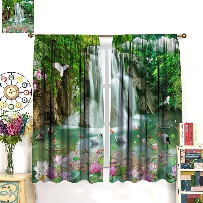 Scenery Waterfall Blackout Curtains, China Country Landscapes Nature Pattern Window Drapes, for Bedroom Living Room 72" W X 63" L