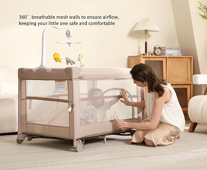 Pack and Play, 5 in 1 Baby Playard – Portable Crib, Bassinet, Bedside Sleeper, Changing Table & Playpen | Breathable Mesh | Safe & Foldable for Newborns to Toddlers (Beige)