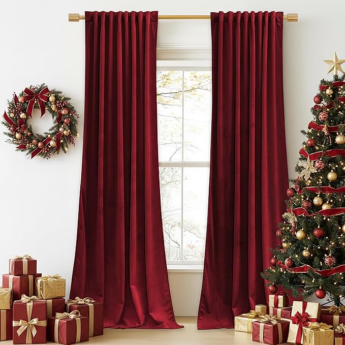 StangH Red Curtains 90 inches Long Luxury Super Soft Velvet Theater Curtains Back Tab Thermal Insulated Room Darkening Privacy Panels for Living Dining Room, W52 x L90, 2 Panels