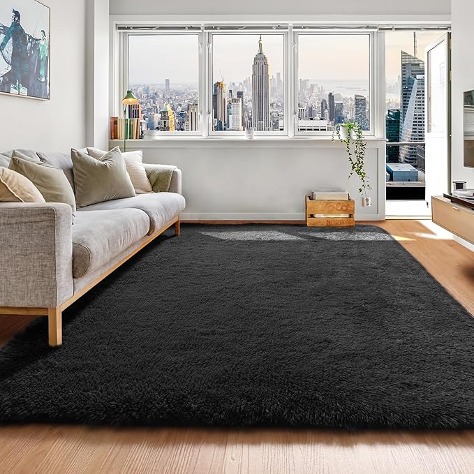 ONASAR Black Area Rugs for Bedroom Living Room, Fluffy Fuzzy Shaggy 4x6 Bedside Rug, Washable Soft Plush Modern Indoor Floor Carpet for Nursery Kids Girls Boys Teen Dorm Home Office Decor Aesthetic