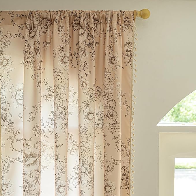 ENJOYBRIDAL Floral Curtains 84 Inches Long 2 Panels Living Room Farmhouse Drapes Bedroom Boho Semi Sheer Flower Window Curtain Panels Floor Length Cute Rod Pocket Botanical Pattern Window Treatments