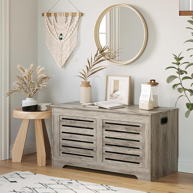 DINZI LVJ Storage Chest, Flip-Top Wooden Toy Box with 2 Safety Hinges, Entryway Shoe Storage Bench, Sturdy Large Storage Trunk for Living Room, Bedroom, Easy Assembly, Greige