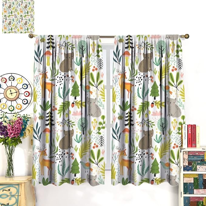 Cartoon Forest Kids Blackout Curtains,Cute Woodland Wild Animals Colorful Deer Plants Trees Print Pattern Thermal Insulation Window Drapes for Nursery Boys Girls Bedroom,White Background 63x72in