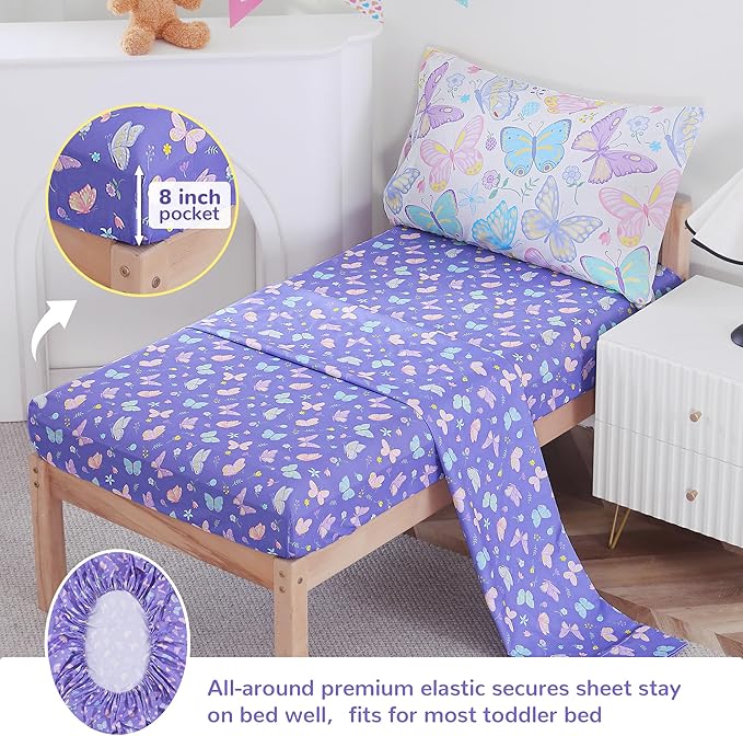 Viviland Colorful Butterfly Toddler Comforter Sets, Cute Girls Toddler Bedding Set, Soft Microfiber Butterflies Toddler Bed Set