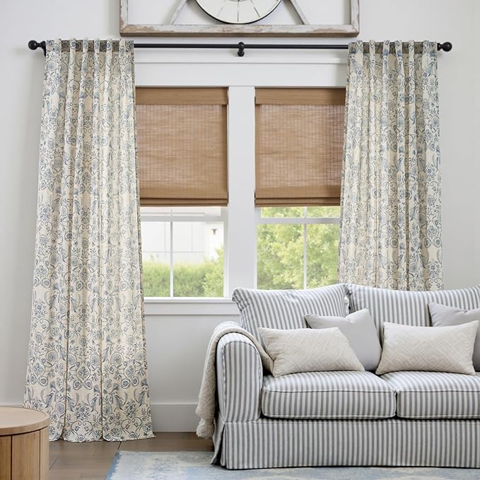 jinchan Linen Floral Curtains for Living Room with Printed Flower 84 Inches Long Light Filtering Farmhouse Window Treatment Vintage Drapes Back Tab Rod Pocket 2 Panels Blue on Beige