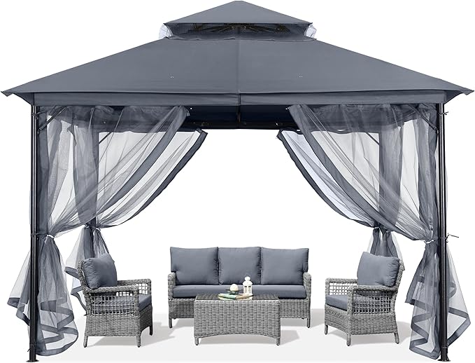 ABCCANOPY Outdoor Patio Gazebo 11x13 - Double Roof Canopy with Mosquito Netting for Backyard, Deck, Garden, Lawn, Dark Gray