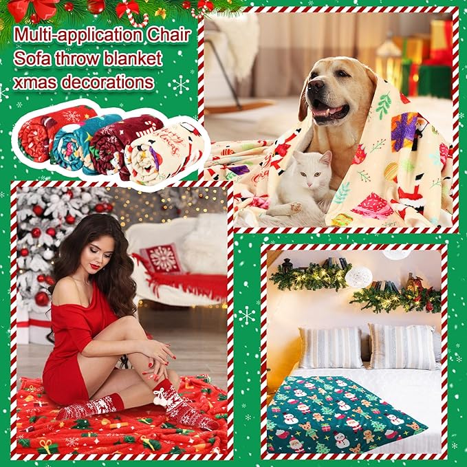 Buryeah 4 Pack Christmas Throw Blankets Bulk Snowman, Gifts, Santa, Gingerbread Man, Xmas Tree Soft Cozy Christmas Plush Flannel Blanket for Sofa, Bed, Couch, Home Decor Xmas Supplies, 40 x 50 Inches