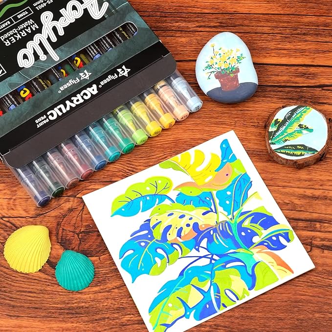 Paint Pens Acrylic Markers - 12 Earth Tone Brush Tip Water Based Marker Pens for Rock Painting, Wood, Ceramic, Glass, Acrylic Paint Markers for Egg Pumpkin