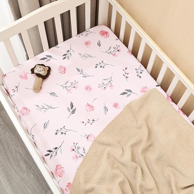 PHF Soft Crib Sheet Fitted, 2 Pack Baby Sheets for Girls, 28x52x9in Fits Standard Crib and Toddler Mattresses, Silky Comfy Breathable Polyester Baby Mattress Sheets, Pink Floral