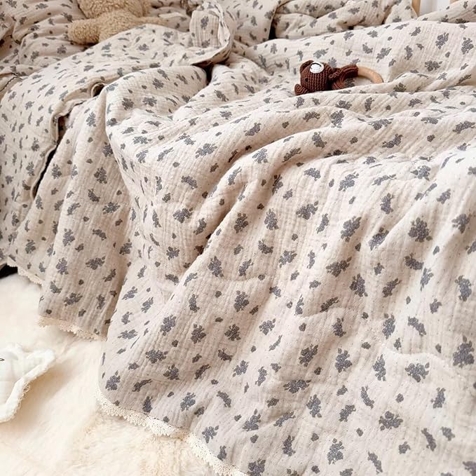 BuLuTu Vintage Orchid Flower Print Toddler Blanket Quilt with Chic Lace Edges, Soft Breathable Cotton Muslin Crib Blanket Toddler Bed Blankets Lightweight Kids Comforter, 47x59 Inches