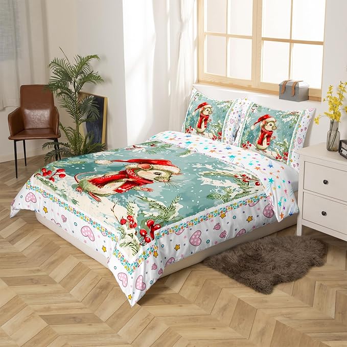 Feelyou Christmas Bedding Set Xmas Tree Snowflake Duvet Cover for Kids Boys Girls Cartoon Mouse Love Print Comforter Cover Cute Animal Bedspread Cover Bedroom Collection 3Pcs Queen Size,No Comforter