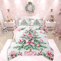 Feelyou Pink Christmas Comforter Set Full Size Xmas Tree Bedding Set for Kids Boys Girls Xmas Ornaments Duvet Quilt Snowflake Bow Bedroom Decor Microfiber 3 Pcs with 2 Pillow Cases