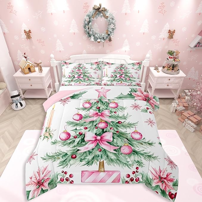 Feelyou Pink Christmas Comforter Set Full Size Xmas Tree Bedding Set for Kids Boys Girls Xmas Ornaments Duvet Quilt Snowflake Bow Bedroom Decor Microfiber 3 Pcs with 2 Pillow Cases