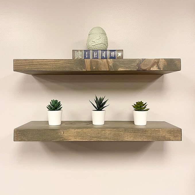 URBANDI, Rustic Floating Shelves, Set of 2, Hidden Bracket, Solid Wood, Heavy Duty, Wall Mounted Shelves, (Grey, 12Wx8D)