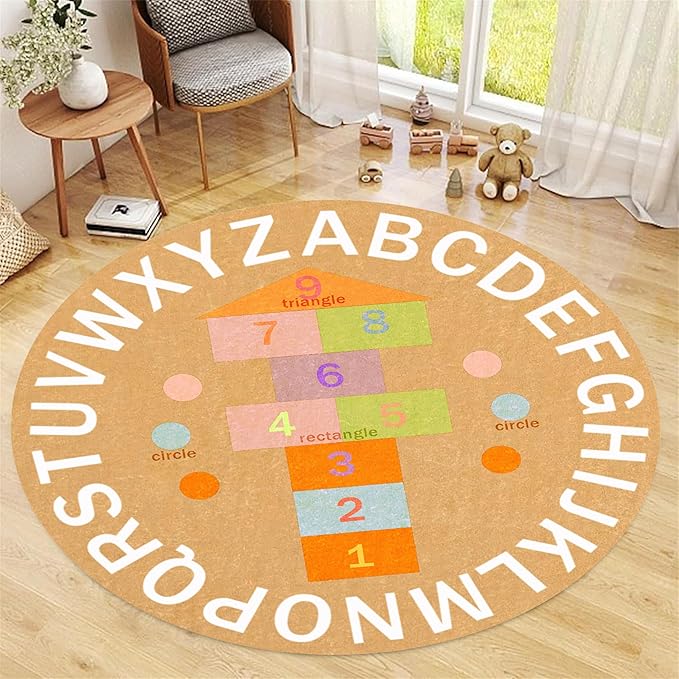 Children's Game Round Rug,7ft,ABC Alphabet Rug, Fun and Educational Hopscotchrug, Soft Non-Slip Children's Room Rug for Classroom, Nursery, Playroom, Playmat