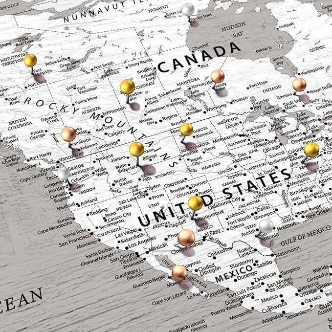 ElephantStock - Let's Travel II Push Pin World Map Wall Art - Horizontal Canvas Wall Art - Living Room Wall Decor - Digital Art Map Canvas Art - Gray And White Decor - 51" x 34"