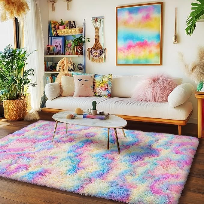 Rainbow Rug for Living Room, 9x12 Area Rug for Cute Girls Room, Bedside Indoor Floor Fluffy Shag Carpet, Plush Soft Rug for Bedroom Nursery Dorm Home Decor