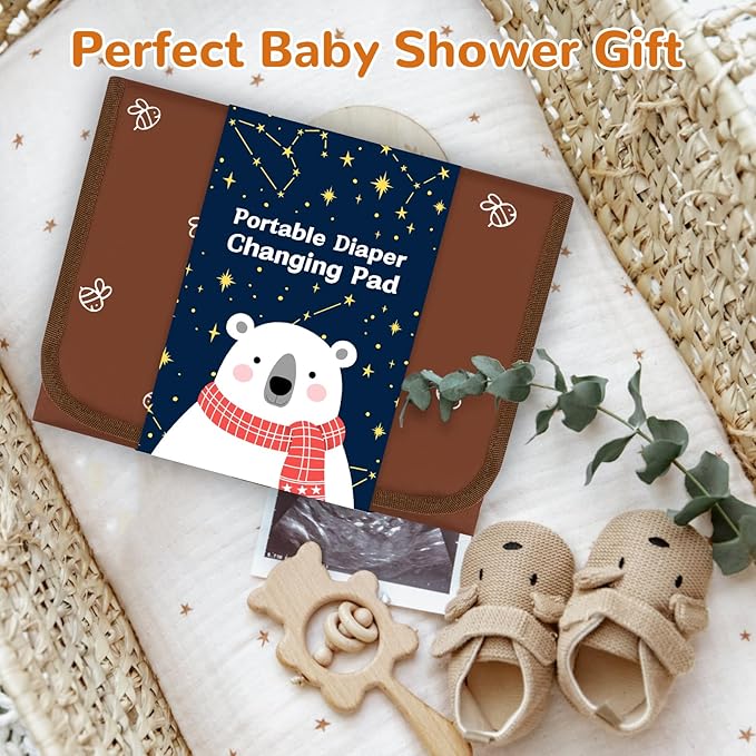 Portable Diaper Changing Pad, Waterproof Baby Changing Mat, Foldable Travel Baby Changing Station, Newborn Essential Baby Shower Registry Gift (Brown-Bee)