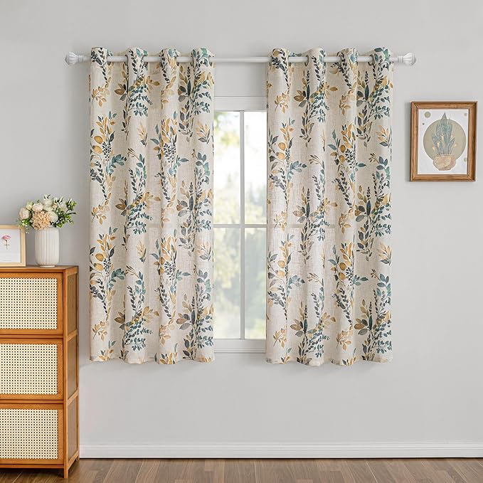 MYSKY HOME Curtains for Living Room Semi Sheer 72 inch Length Light Filtering Privacy Protect Drapes Set Linen Blended Texture Soft Touch Leaves Pattern Treatment, 52" Wide, Yellow and Blue, 2 Panels