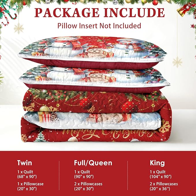 Christmas King Size Quilt Set, Dark Red Xmas Snowman Lightweight Bedspread Coverlet with Pillow Shams for Kids and Adults, Winter Snowflake Pine Tree 3 Pcs Bedding Bed Cover