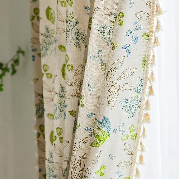 ENJOYBRIDAL Leaf Curtains 63 Inch Length 2 Panels Tassel Boho Semi Sheer Drapes Bedroom Living Room Farmhouse Floral Short Rustic Country Rod Pocket Cotton Linen Blend Window Curtain Panel