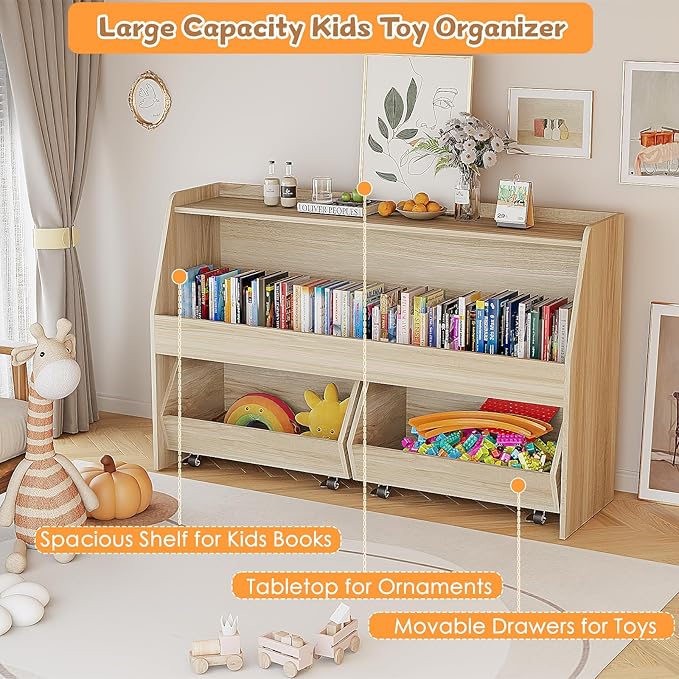 COZPAW Toy Storage Organizer, 2 Tier Montessori Shelf with Movable Bins, Toy Organizers Book Shelf for Kids Room, Playroom, Nursery (Wood)