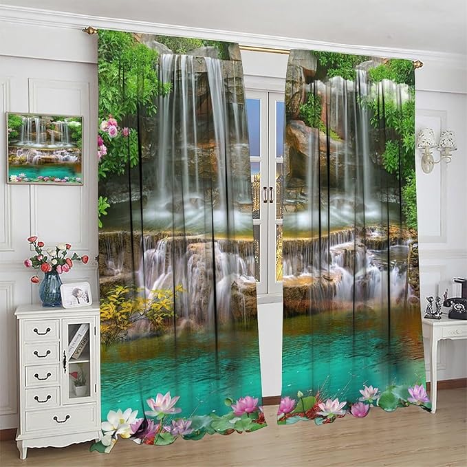 Waterfall Blackout Window Curtains, Rocky Waterfall to Pond Running Off Scenic Nature Themed Picture Print Window Drapes, for Living Room Bedroom 42x63in 2 Panels