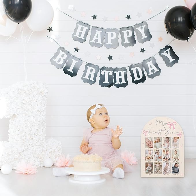 My First Year Photo Board, Pink Bow Baby's First Year Photo Frame 12 Monthly Milestone Picture Frame, Gift for Newborn Baby 1st Birthday Memories Nursery Decoration -07